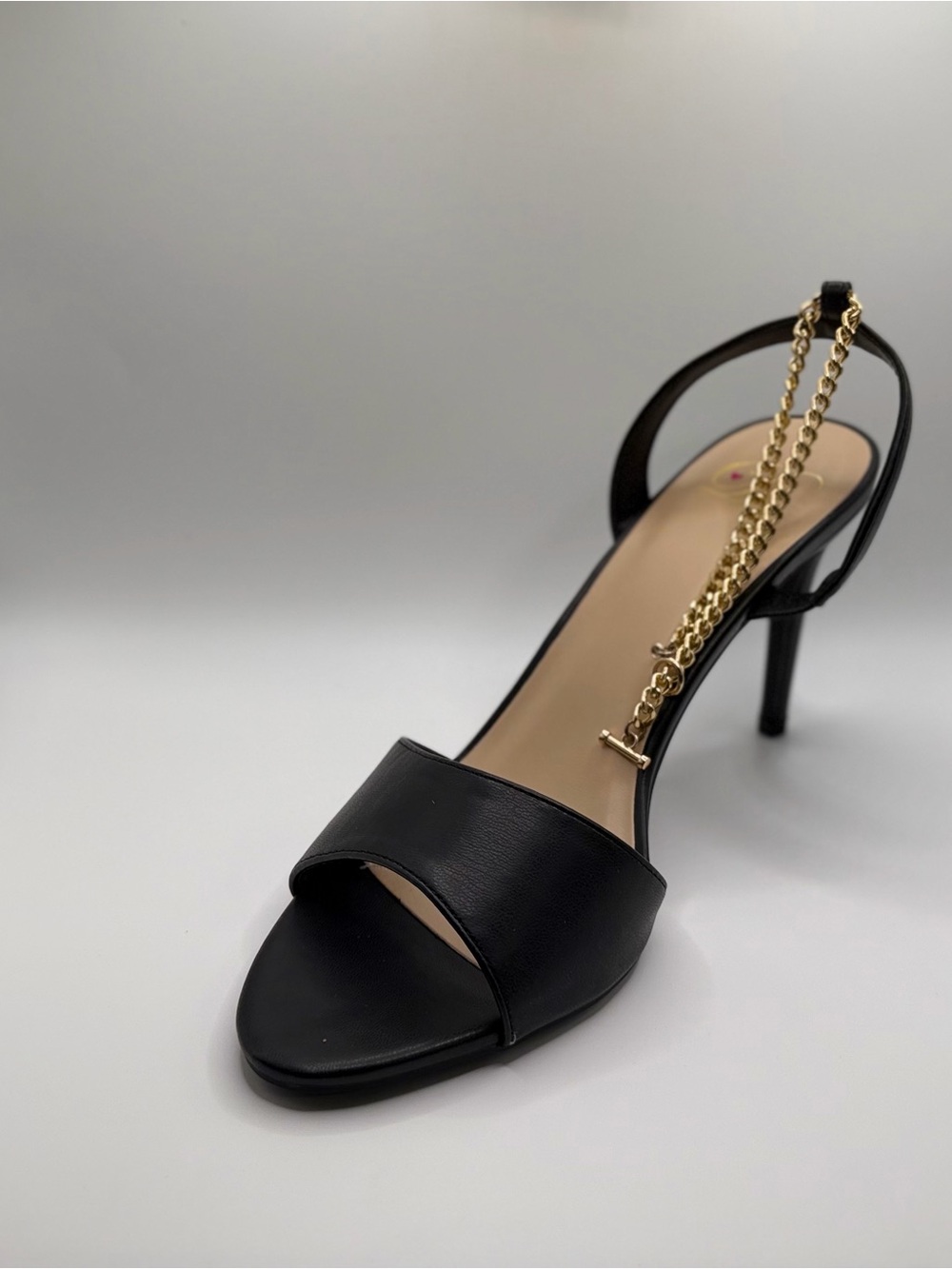 Black Leather Open-Toe Slingback Heels with Gold Chain Detail